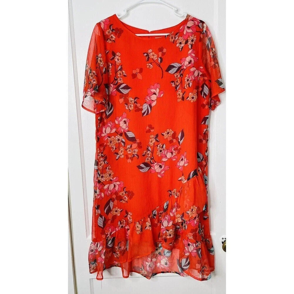 ANA Womens Sz M Shift Midi Dress Orange Floral Sheer Ruffles Ribbed Key Hole Bac